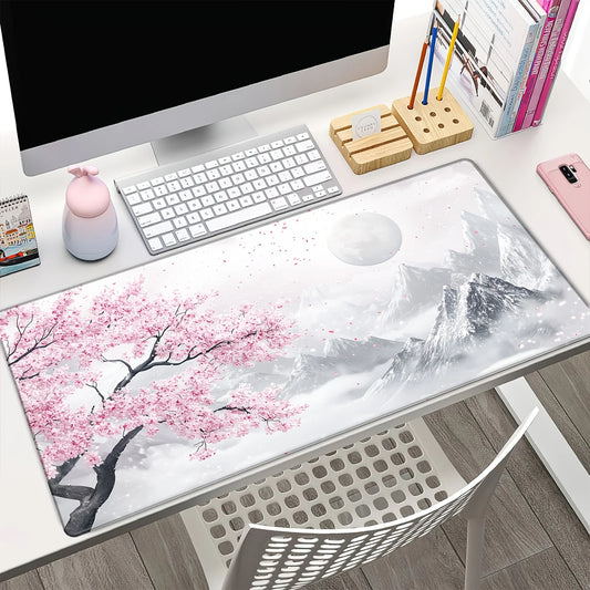 Sakura & Snow Mountain Gaming Mouse Pad — Anti-Slip Rubber Base, Home & Office Desk Mat