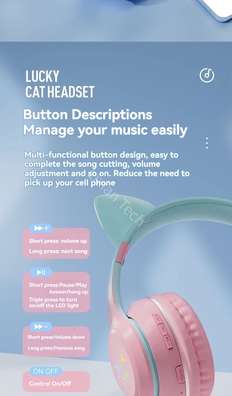 RGB Cat Wireless Headphones for Girls & Boys — Gift Headset with Mic, Stereo Music & Gaming