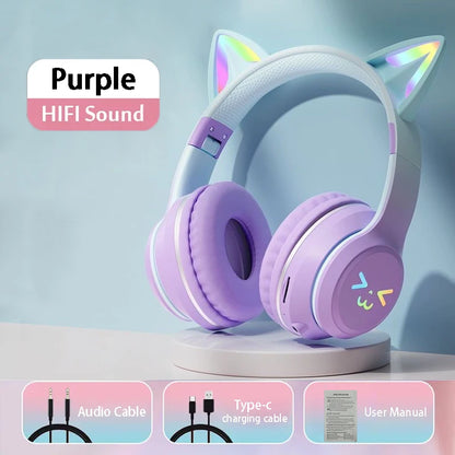 RGB Cat Wireless Headphones for Girls & Boys — Gift Headset with Mic, Stereo Music & Gaming
