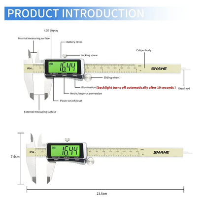 SHAHE Digital Caliper 0-6" 150mm — Electronic Vernier Caliper with Large LCD Backlight