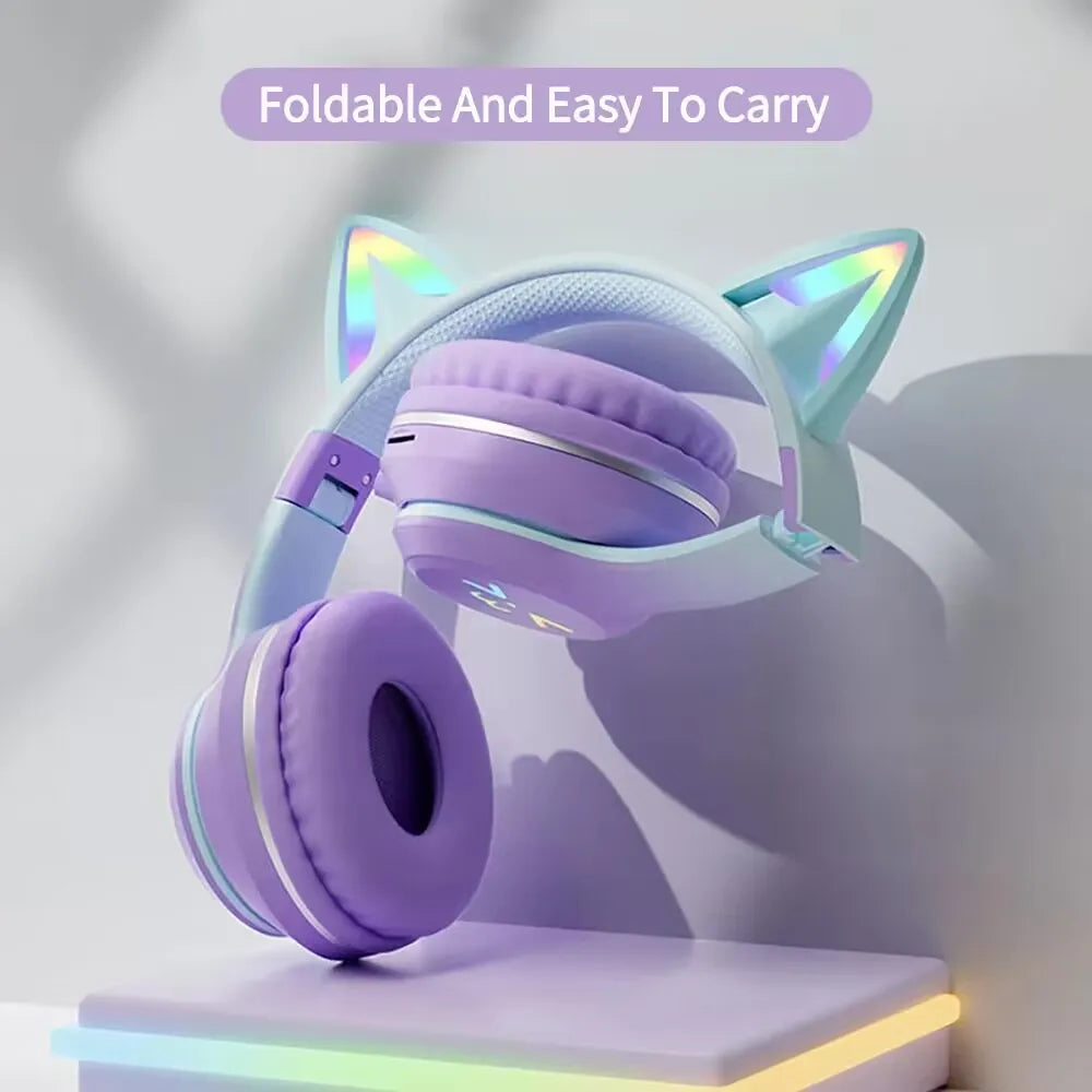 RGB Cat Wireless Headphones for Girls & Boys — Gift Headset with Mic, Stereo Music & Gaming