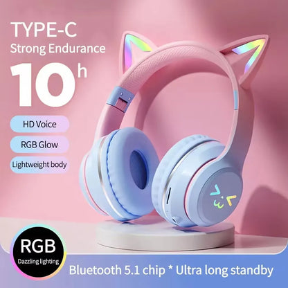 RGB Cat Wireless Headphones for Girls & Boys — Gift Headset with Mic, Stereo Music & Gaming
