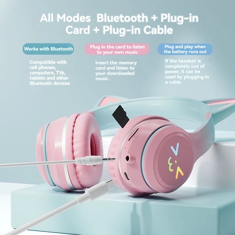 RGB Cat Wireless Headphones for Girls & Boys — Gift Headset with Mic, Stereo Music & Gaming