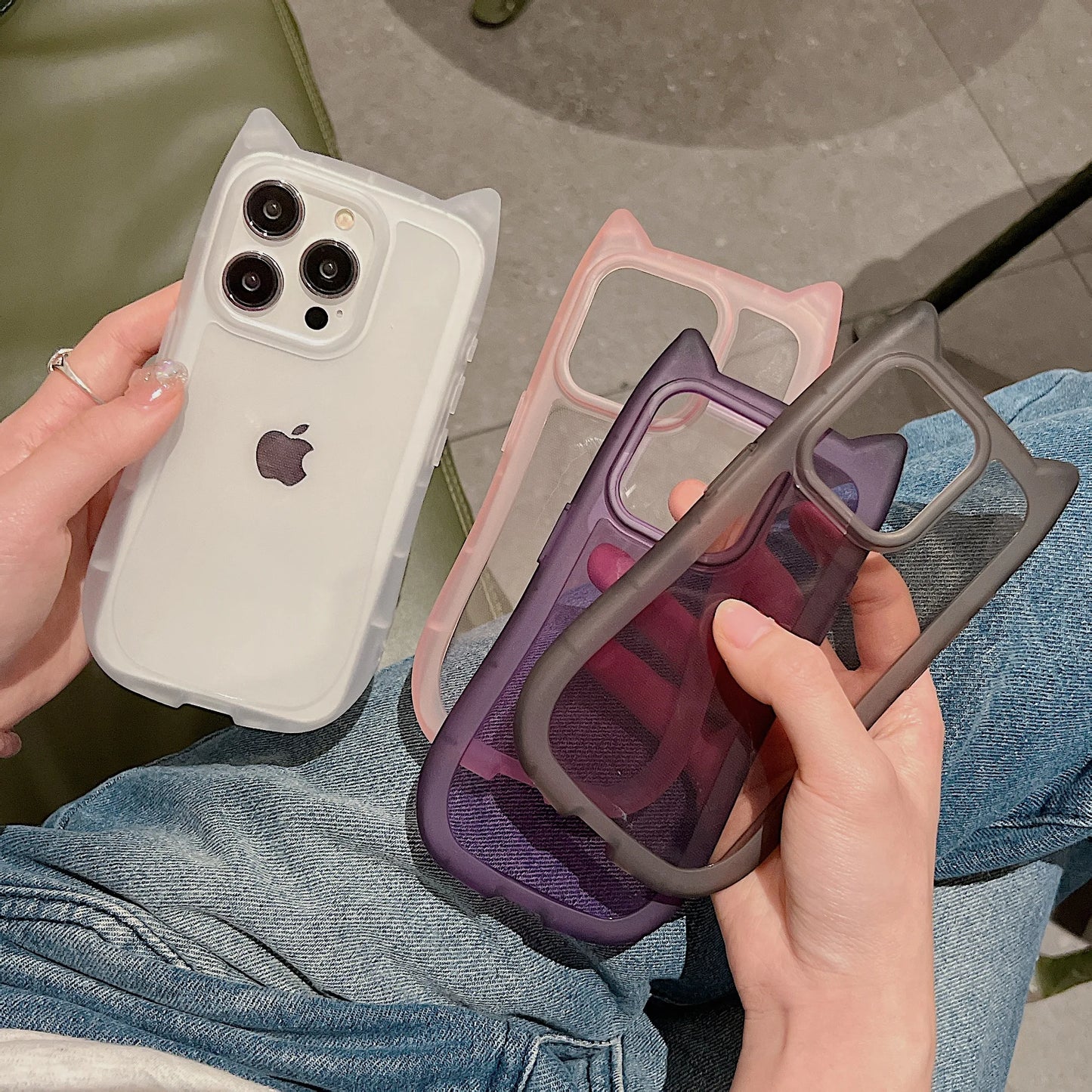 Cat Ear Soft Silicone Case for iPhone 16, 15, 14, 13, 12, 11, Pro Max Plus — Matte, Clear, Shockproof