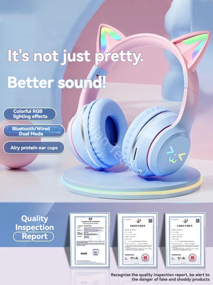 RGB Cat Wireless Headphones for Girls & Boys — Gift Headset with Mic, Stereo Music & Gaming