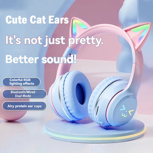 RGB Cat Wireless Headphones for Girls & Boys — Gift Headset with Mic, Stereo Music & Gaming