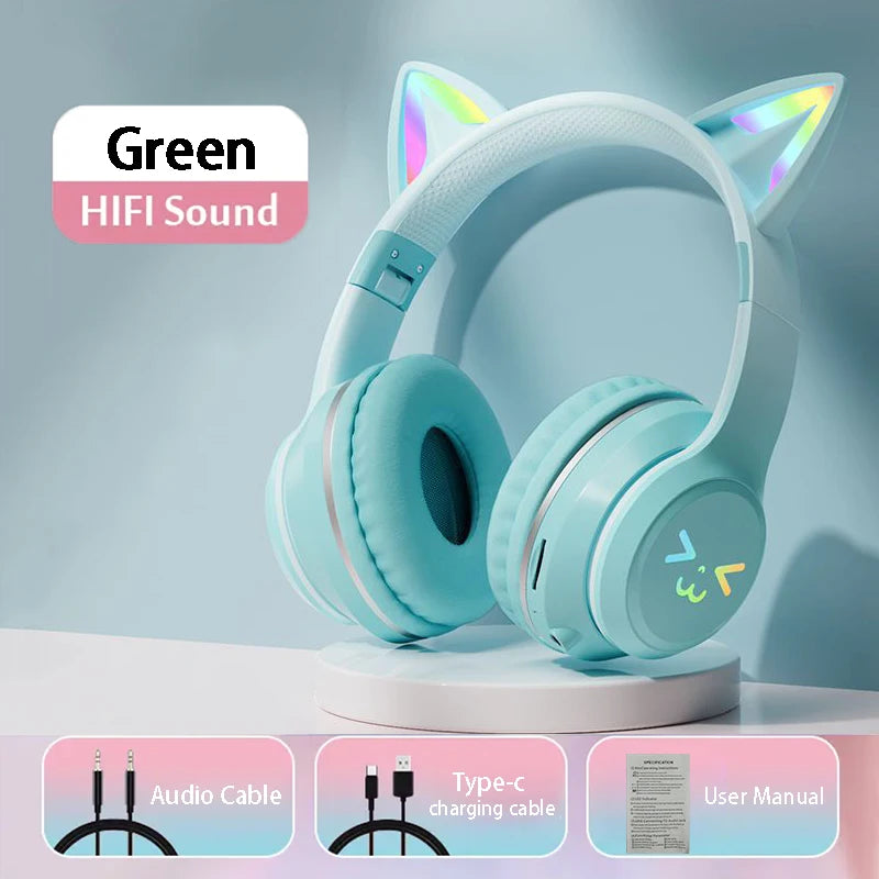 RGB Cat Wireless Headphones for Girls & Boys — Gift Headset with Mic, Stereo Music & Gaming