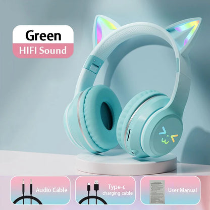 RGB Cat Wireless Headphones for Girls & Boys — Gift Headset with Mic, Stereo Music & Gaming