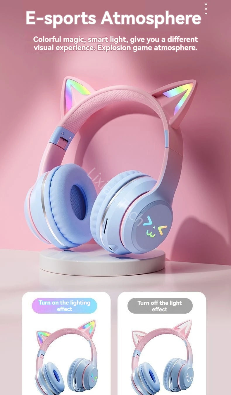 RGB Cat Wireless Headphones for Girls & Boys — Gift Headset with Mic, Stereo Music & Gaming
