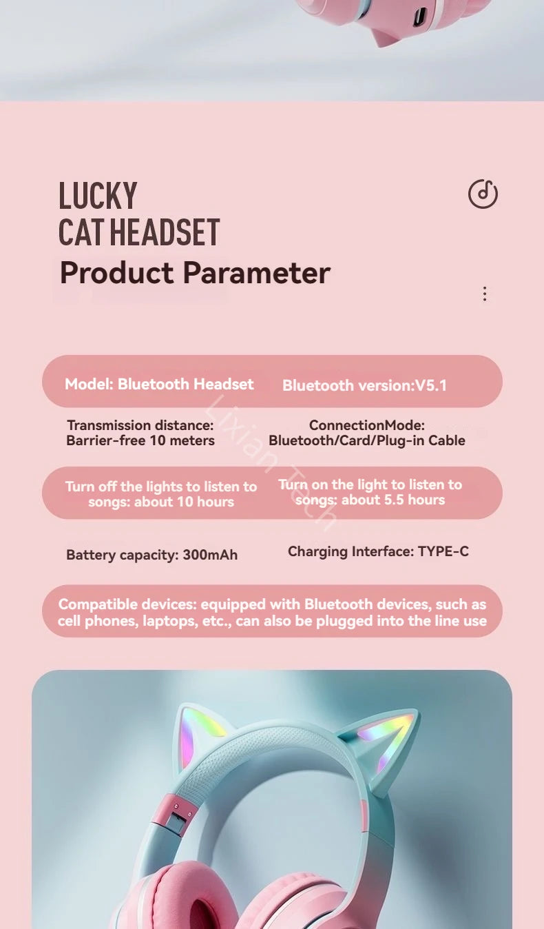 RGB Cat Wireless Headphones for Girls & Boys — Gift Headset with Mic, Stereo Music & Gaming