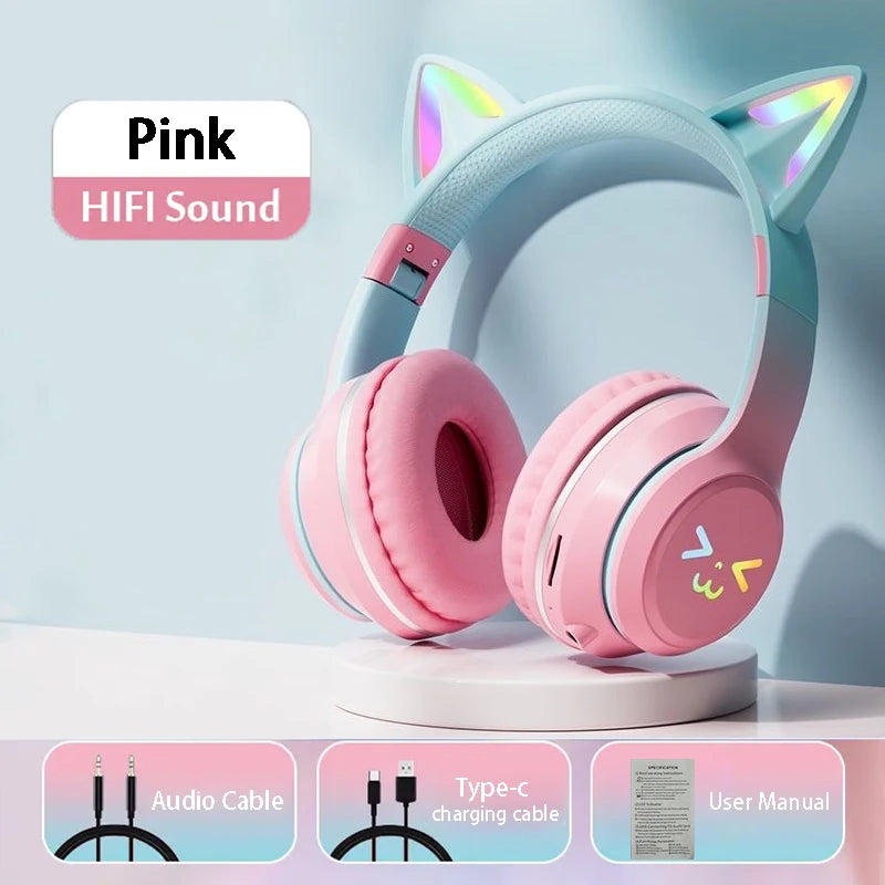 RGB Cat Wireless Headphones for Girls & Boys — Gift Headset with Mic, Stereo Music & Gaming