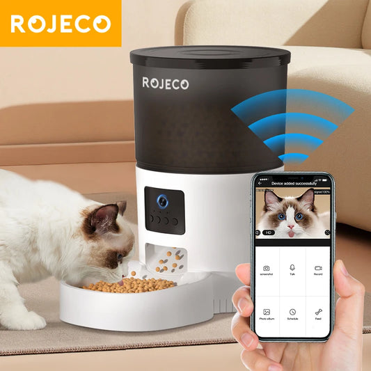 ROJECO Automatic Cat Feeder with Camera, Smart Pet Food Dispenser with Video, Voice Recorder, Remote Control for Cats and Dogs