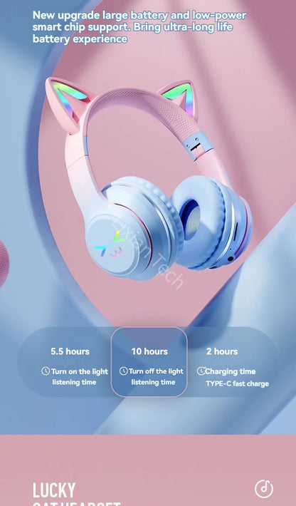 RGB Cat Wireless Headphones for Girls & Boys — Gift Headset with Mic, Stereo Music & Gaming