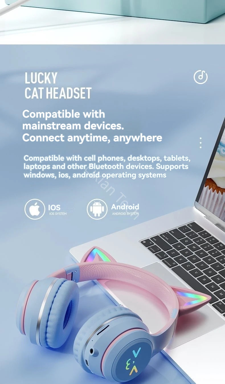 RGB Cat Wireless Headphones for Girls & Boys — Gift Headset with Mic, Stereo Music & Gaming