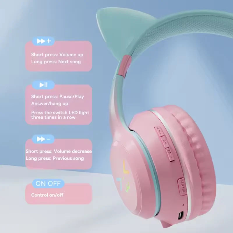 RGB Cat Wireless Headphones for Girls & Boys — Gift Headset with Mic, Stereo Music & Gaming