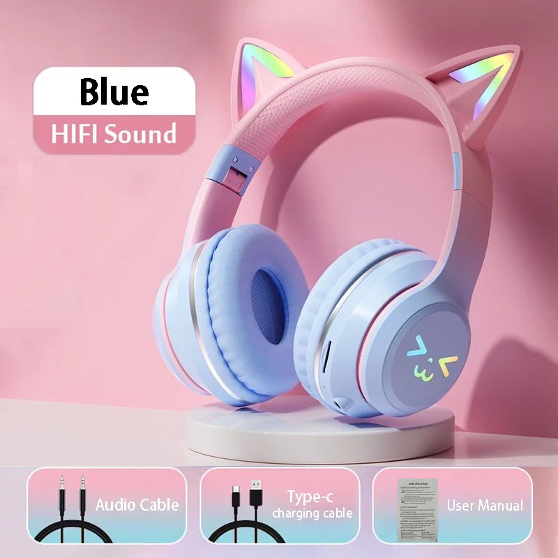 RGB Cat Wireless Headphones for Girls & Boys — Gift Headset with Mic, Stereo Music & Gaming