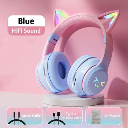 RGB Cat Wireless Headphones for Girls & Boys — Gift Headset with Mic, Stereo Music & Gaming