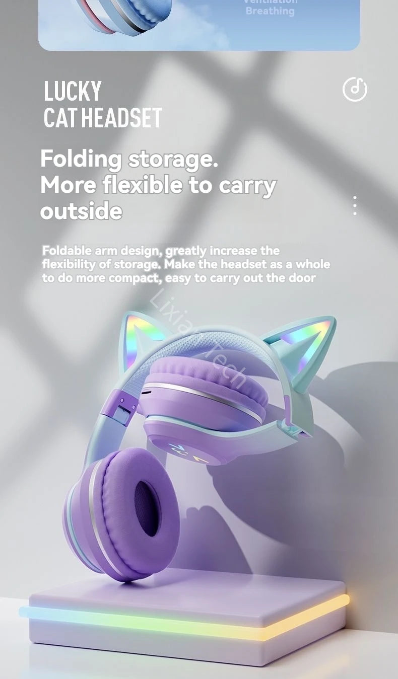 RGB Cat Wireless Headphones for Girls & Boys — Gift Headset with Mic, Stereo Music & Gaming