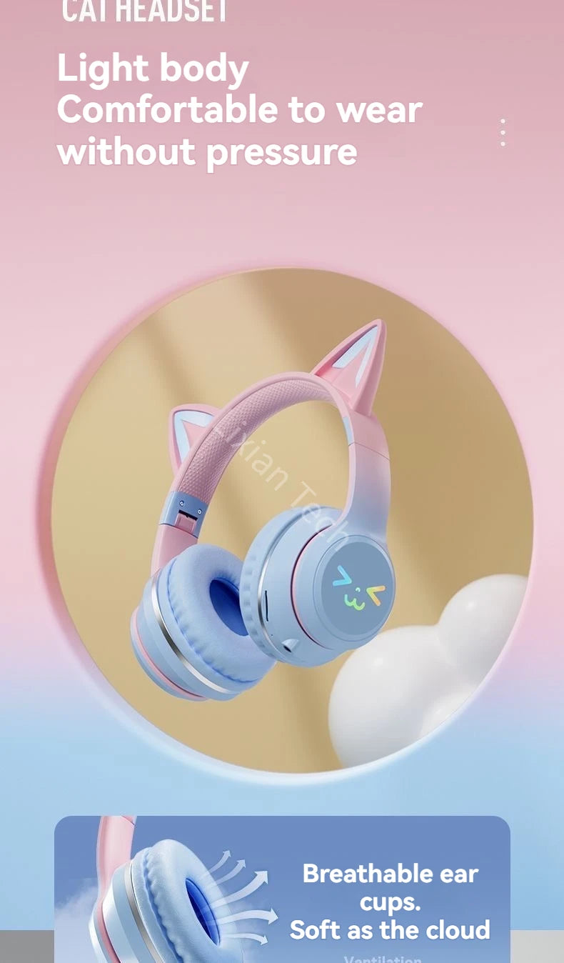 RGB Cat Wireless Headphones for Girls & Boys — Gift Headset with Mic, Stereo Music & Gaming