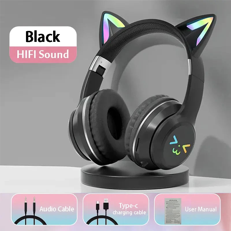 RGB Cat Wireless Headphones for Girls & Boys — Gift Headset with Mic, Stereo Music & Gaming