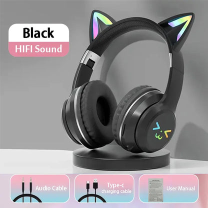 RGB Cat Wireless Headphones for Girls & Boys — Gift Headset with Mic, Stereo Music & Gaming