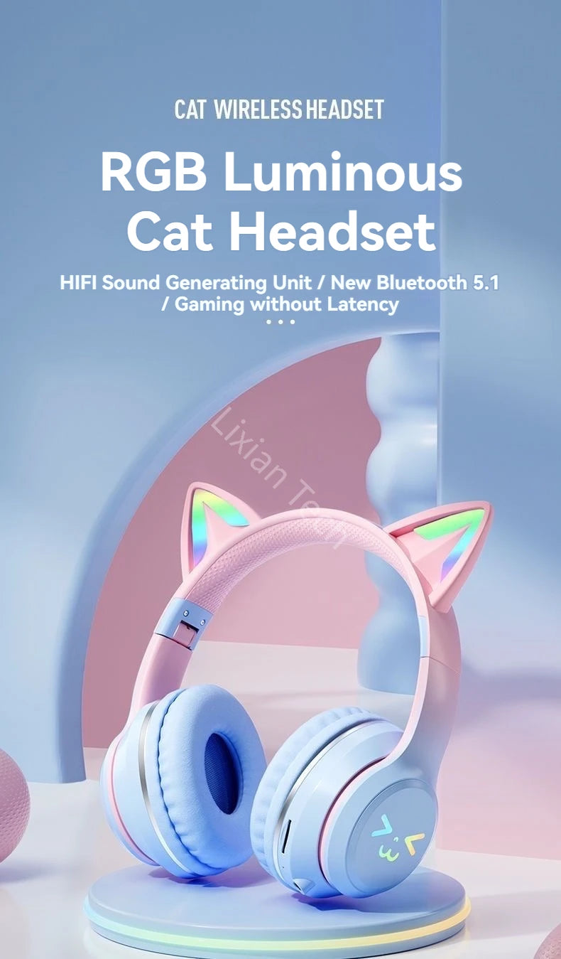 RGB Cat Wireless Headphones for Girls & Boys — Gift Headset with Mic, Stereo Music & Gaming