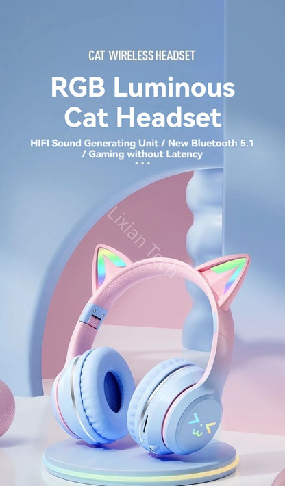 RGB Cat Wireless Headphones for Girls & Boys — Gift Headset with Mic, Stereo Music & Gaming